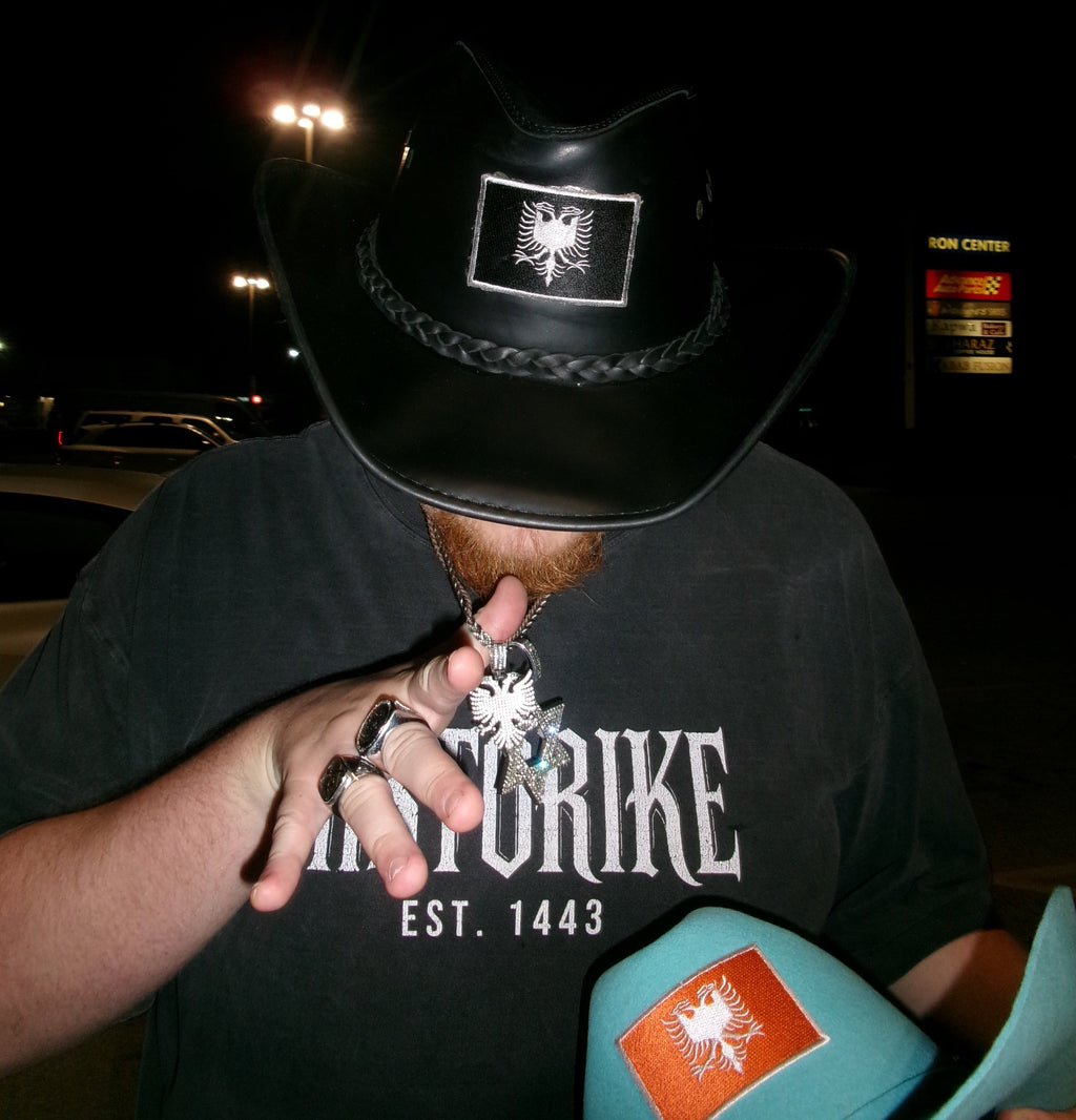 “Black Demolay” Leather x Diamond Cross Albanian Cowboy Hat