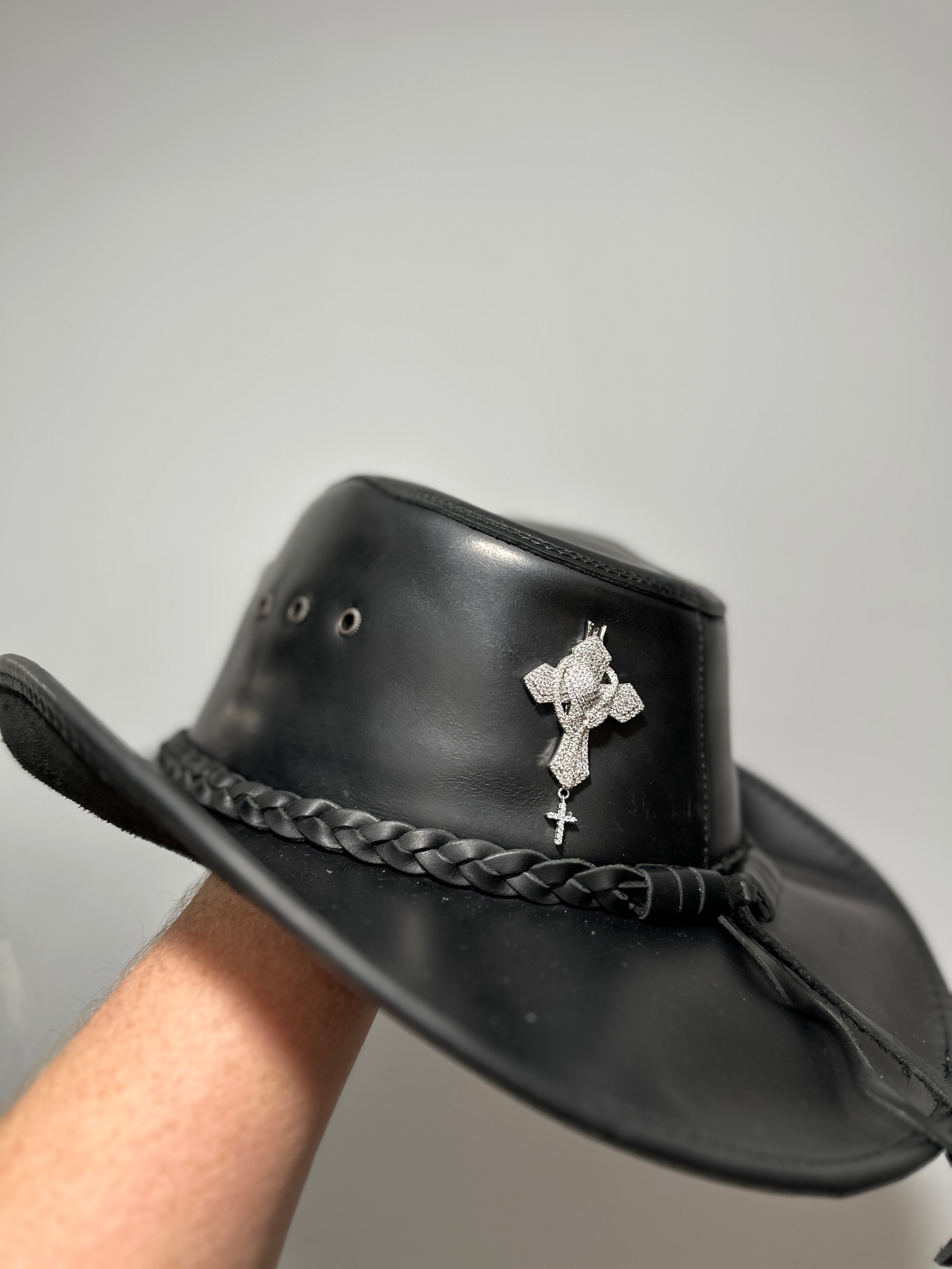 “Black Demolay” Leather x Diamond Cross Albanian Cowboy Hat