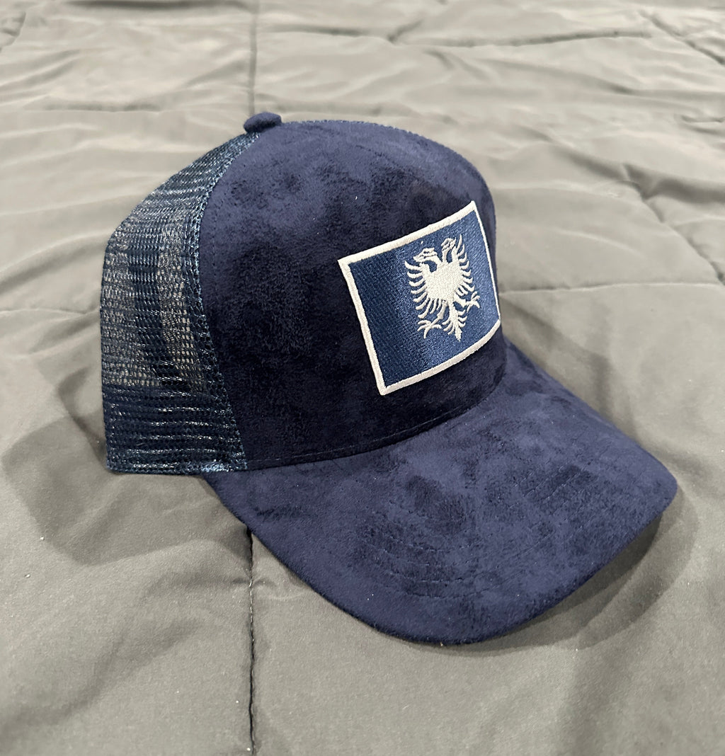 “Moonwalk” Midnight Navy Blue X White Royal Suede Albanian Trucker Hat