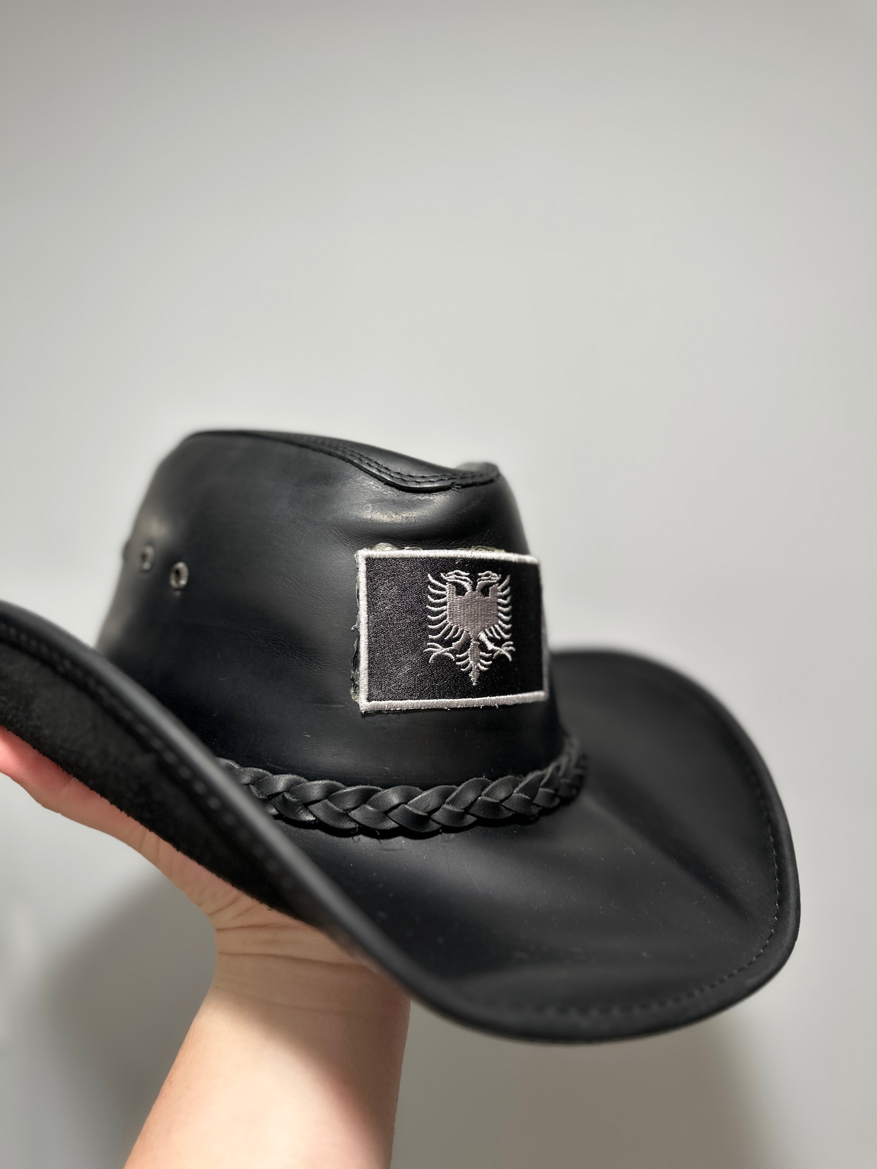 “Black Demolay” Leather x Diamond Cross Albanian Cowboy Hat