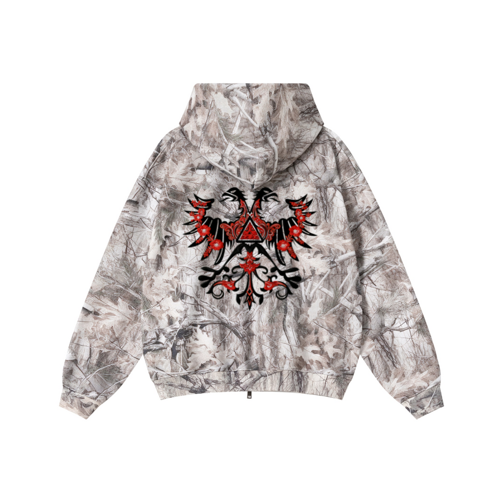 340GSM Unisex Heat Transfer Desert Camouflage Zip-Up Hoodie 	Branch Camouflage